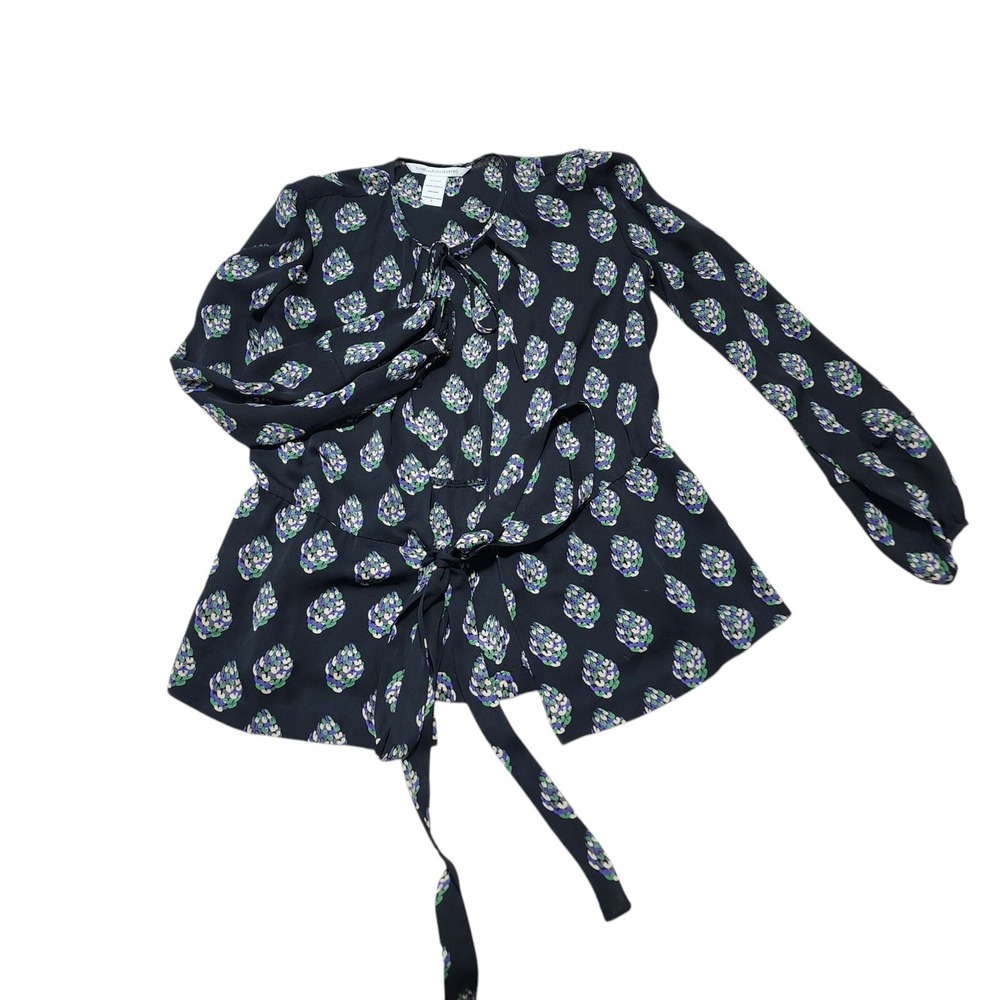 Diane von Furstenberg Silk Blouse Women 2 Navy Blue Floral Tie Neck Peplum Top
